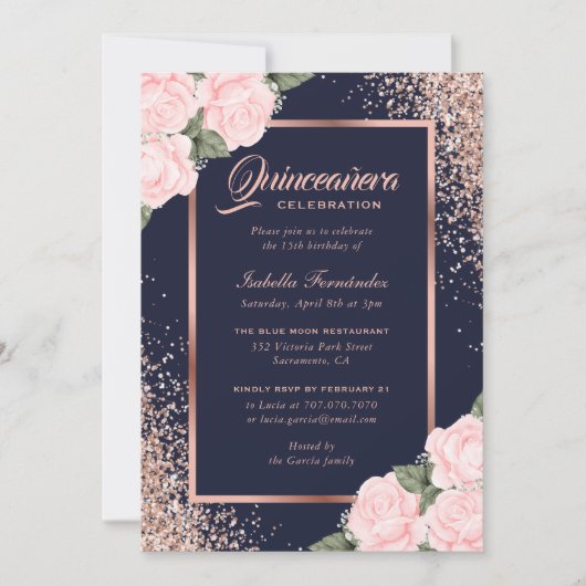 Invitation Rose bleue Or Floral Quinceañera (Devant)