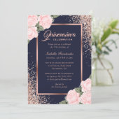 Invitation Rose bleue Or Floral Quinceañera (Debout devant)