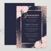 Invitation Rose bleue Or Floral Quinceañera (Devant / Derrière)