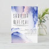 Invitation Rose Blush Bleu de Cobalt Encre Fluide Moderne Inv (Debout devant)