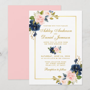 Invitation Rose Blush Blue Floral élégant mariage Or