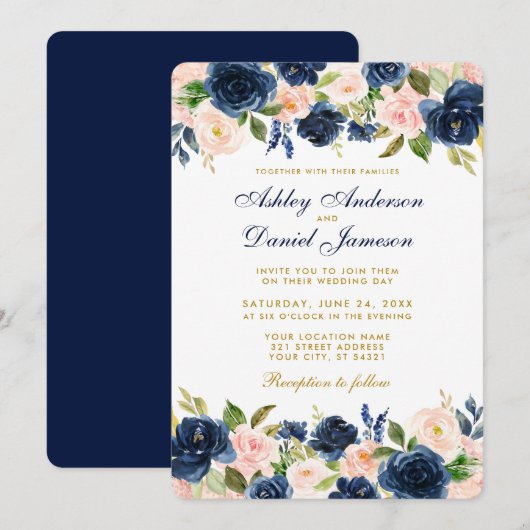 Invitation Rose Blush Blue Floral Élégant Mariage or R (Devant / Derrière)