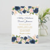 Invitation Rose Blush Blue Floral Élégant Mariage or R (Debout devant)