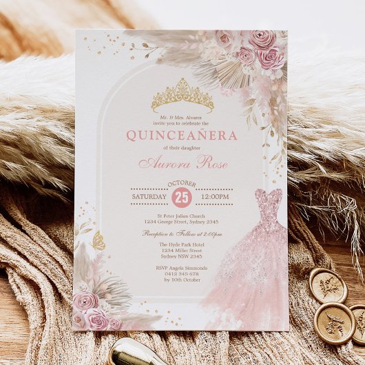 Invitation Rose Blush Boho Floral Quinceañera 15e anniversair