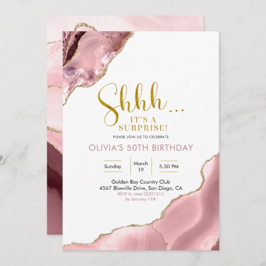 Invitation Rose Blush et Or Agate Surprise Anniversaire Invit (Devant / Derrière)
