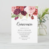 Invitation Rose Blush & Fleurs Bourgogne Quinceanera Invitati (Debout devant)