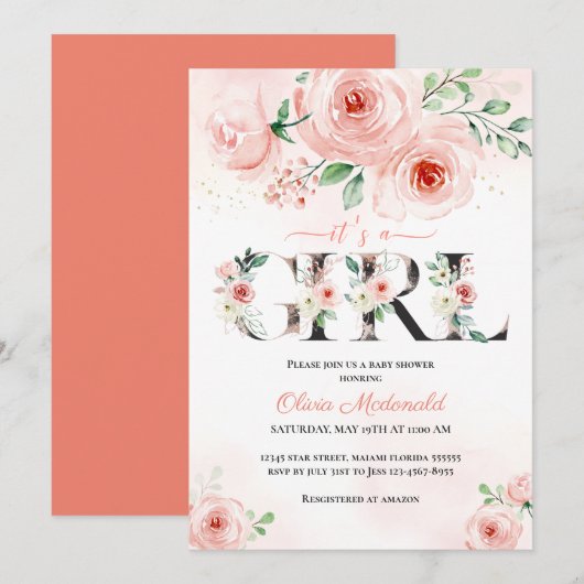 Invitation Rose Blush Floral C'est un Baby shower fille (Devant / Derrière)