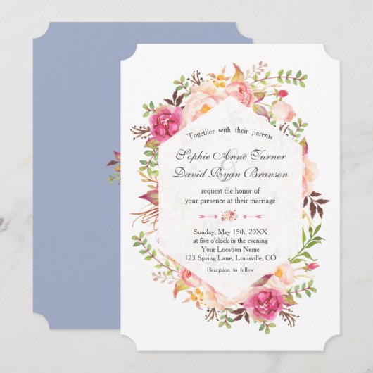 Invitation Rose Blush Floral Dusty bleu Mariage géométrique (Devant / Derrière)