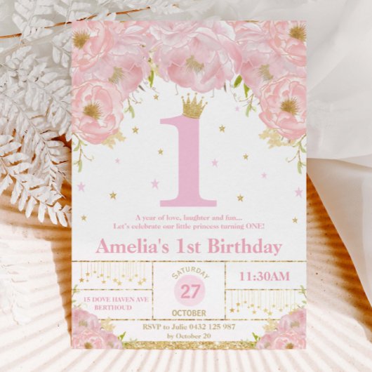 Invitation Rose Blush Floral Or 1er anniversaire fille prince