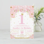 Invitation Rose Blush Floral Or 1er anniversaire fille prince (Debout devant)