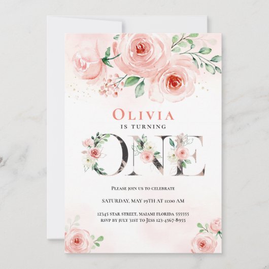 Invitation Rose Blush Floral Premier anniversaire Gril (Devant)