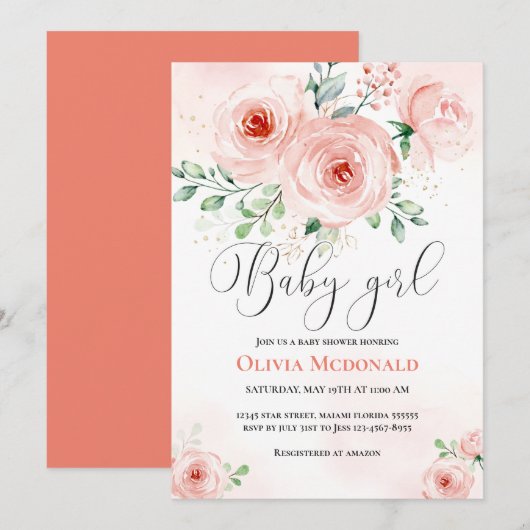Invitation Rose Blush Floral Sweet Baby shower fille (Devant / Derrière)