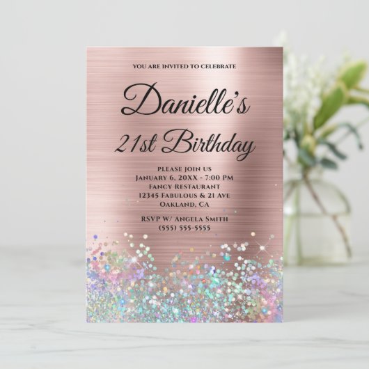 Invitation Rose Blush Gold Foil Holo Parties scintillant Fanc (Debout devant)