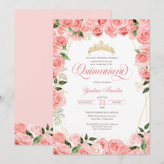 Invitation Rose Blush & Gold Glam Roses Elegant Quinceanera (Devant / Derrière)