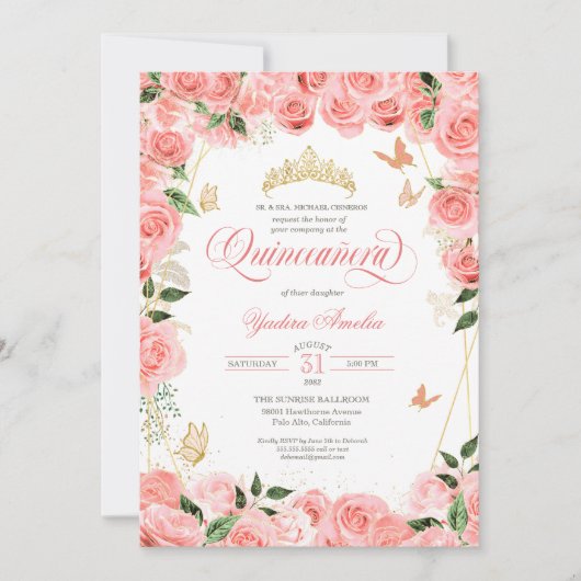 Invitation Rose Blush Gold Rose Élégant papillon Quinceanera (Devant)
