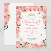Invitation Rose Blush Gold Rose Élégant papillon Quinceanera (Devant / Derrière)