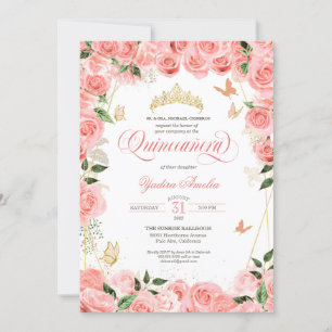 Invitation Rose Blush Gold Rose Élégant papillon Quinceanera