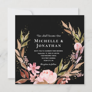 Invitation Rose Blush or Floral sur le Mariage chrétien noir