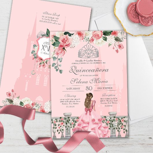 Invitation Rose Blush Silver Tiara Royal Princess Quinceañera
