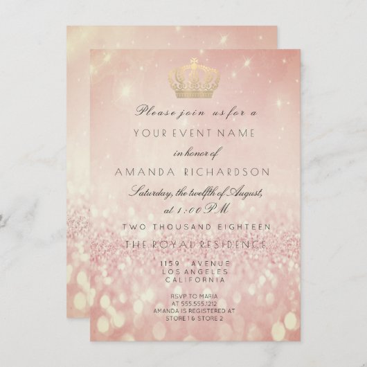 Invitation Rose BlushGlitter Couronne Parties scintillant roy (Devant / Derrière)