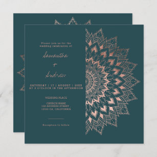 Invitation Rose bohème  or floral mandala turquoise mariage
