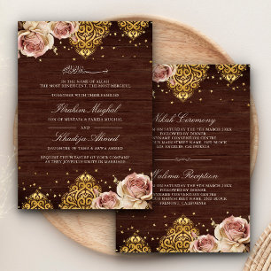Invitation Rose Bohème Rose Motif Islamique Bois Mariage Musu