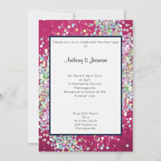 INVITATION ROSE BOKEH NAVY TRIM HOLOGRAPHIQUE PASTEL MARIAGE (Devant)
