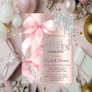 Invitation Rose Bonbon Pailleté Argent Gouttes Rose Doré Swee