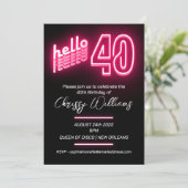Invitation Rose bonjour 40 rétro néon 40e fête d'anniversaire (Debout devant)