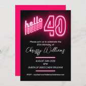Invitation Rose bonjour 40 rétro néon 40e fête d'anniversaire (Devant / Derrière)