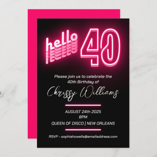 Invitation Rose bonjour 40 rétro néon 40e fête d'anniversaire (Devant / Derrière)