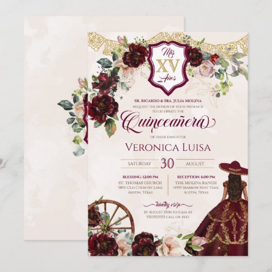 Invitation Rose bordeaux foncé Elegant Charro Quinceanera (Devant / Derrière)