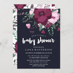 Invitation Rose Bouquet Baby shower bleu foncé