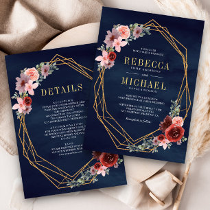Invitation Rose Bourgogne Floral Or Tout en Un Mariage Nuit B