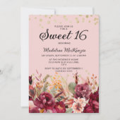 Invitation Rose Bourgogne Floral Parties scintillant or doux  (Devant)