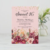 Invitation Rose Bourgogne Floral Parties scintillant or doux  (Debout devant)