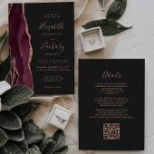 Invitation Rose Bourgogne Gold Agate Dark QR Code Mariage
