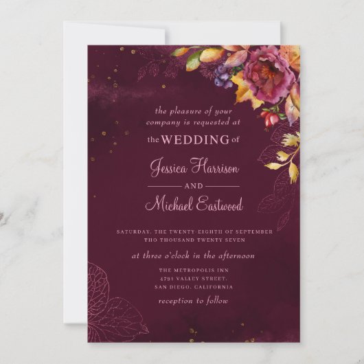 Invitation Rose Bourgogne Gold Monogram Floral Mariage de aut (Devant)