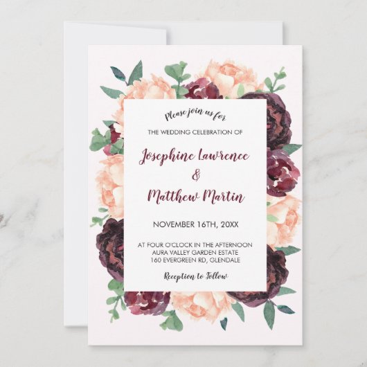 Invitation Rose Bourgogne Peach Peony Mariage floral (Devant)