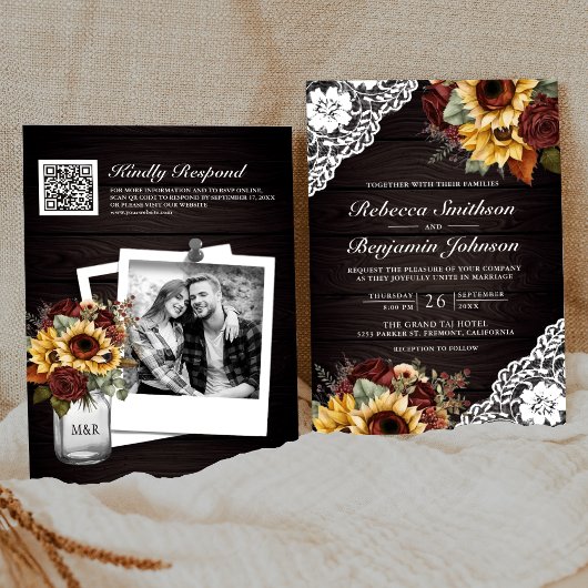 Invitation Rose Bourgogne Sunflower Dentelle en bois QR Code