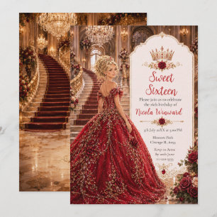 Invitation Rose Bourgogne Sweet 16 Princesse Couronne Dorée