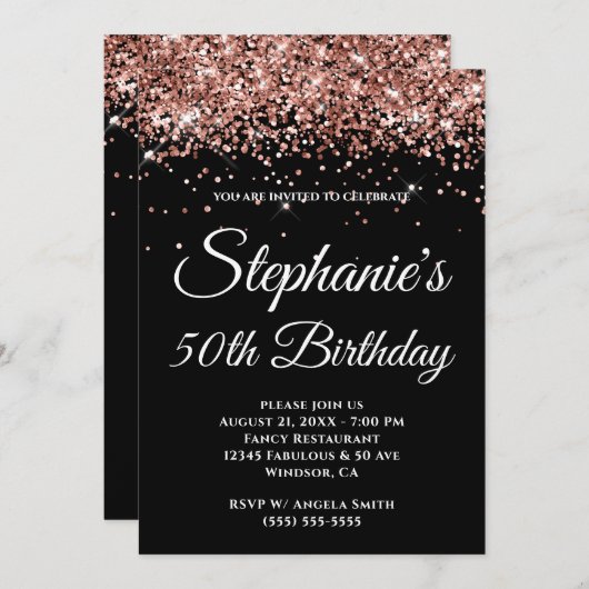 Invitation Rose brillant Parties scintillant or couleur solid (Devant / Derrière)