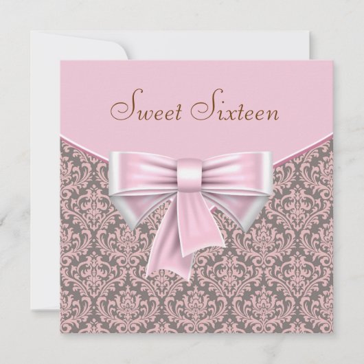 Invitation Rose Brown Damask Sweet 16 Party (Devant)