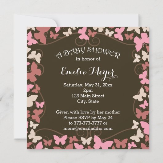 Invitation rose Brown de baby shower de papillons (Devant)