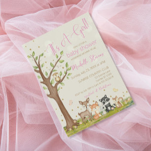 Invitation Rose Brown fille Aquarelle Bois Animaux