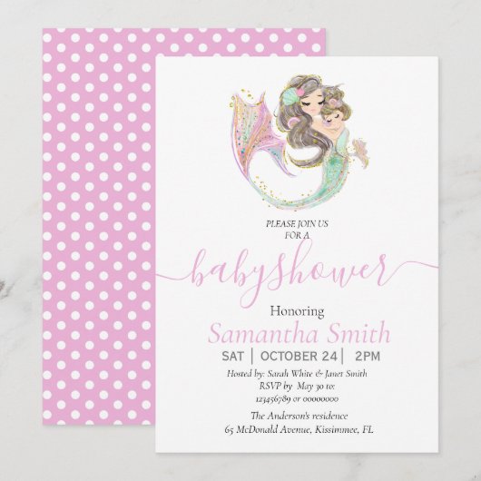 Invitation rose Brown MERMAID BABY SHOWER (Devant / Derrière)
