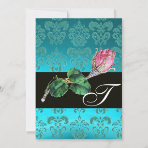INVITATION ROSE BUD DIAMANT POURPRE, MONOGRAMME EN DAMAS BLEU