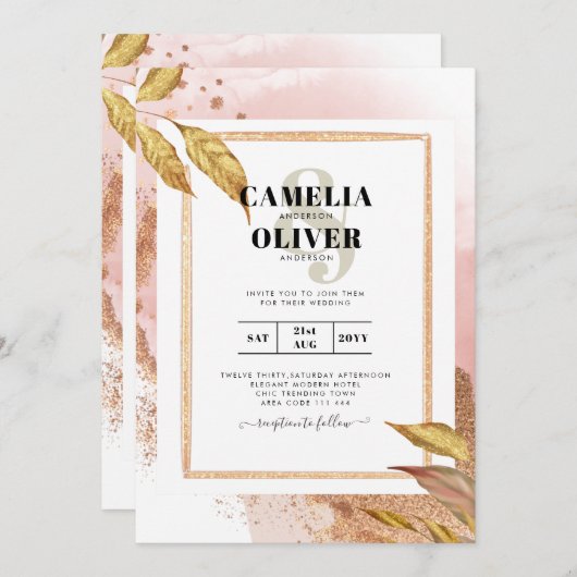 Invitation ROSE BUDGET Gold Feuilles de mariage Inviter QR Co (Devant / Derrière)