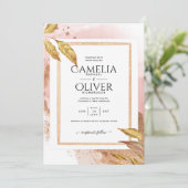 Invitation ROSE BUDGET Gold Feuilles de mariage Inviter QR Co (Debout devant)