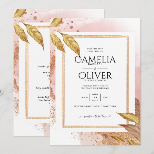 Invitation ROSE BUDGET Gold Feuilles de mariage Inviter QR Co (Devant / Derrière)